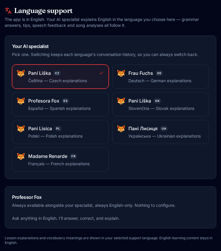 Language support picker with Czech, German, Spanish, Slovak, Polish, Ukrainian and French AI specialists