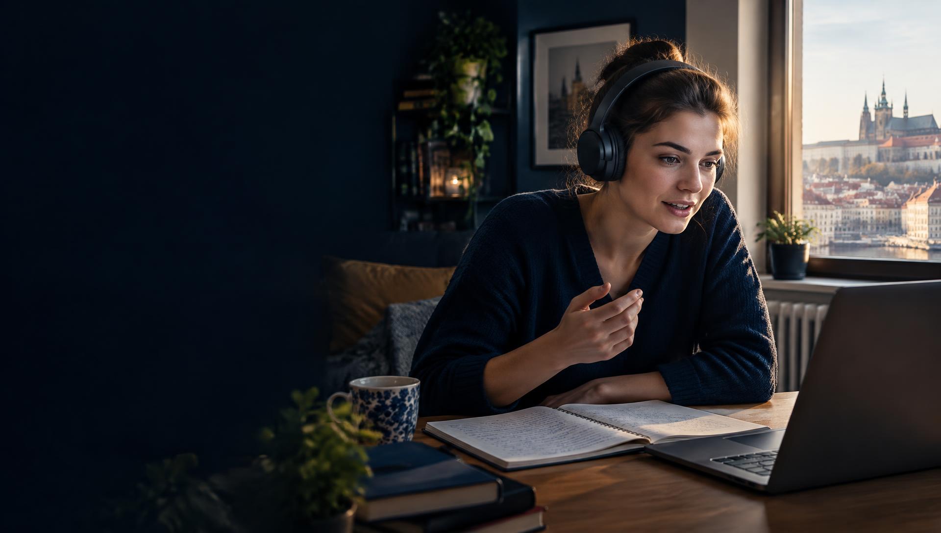 A learner practising spoken English at home with headphones and a laptop